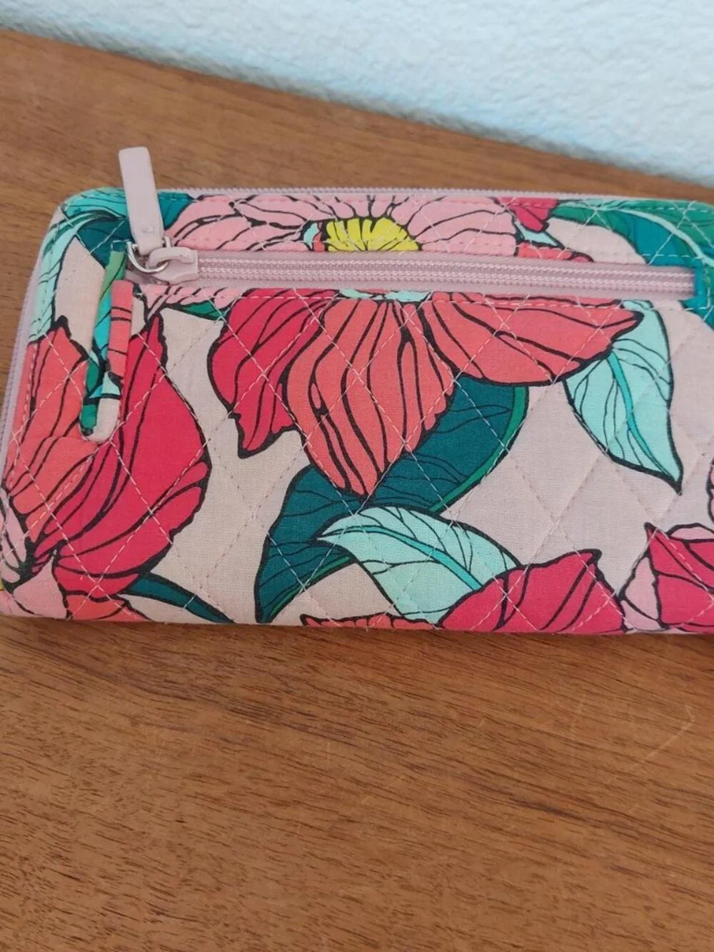 Vera Bradley pink, green, and yellow floral print wallet with quilted design #fl
